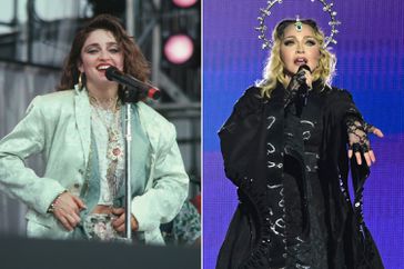 Split photo of Madonna in 1985 and 2024