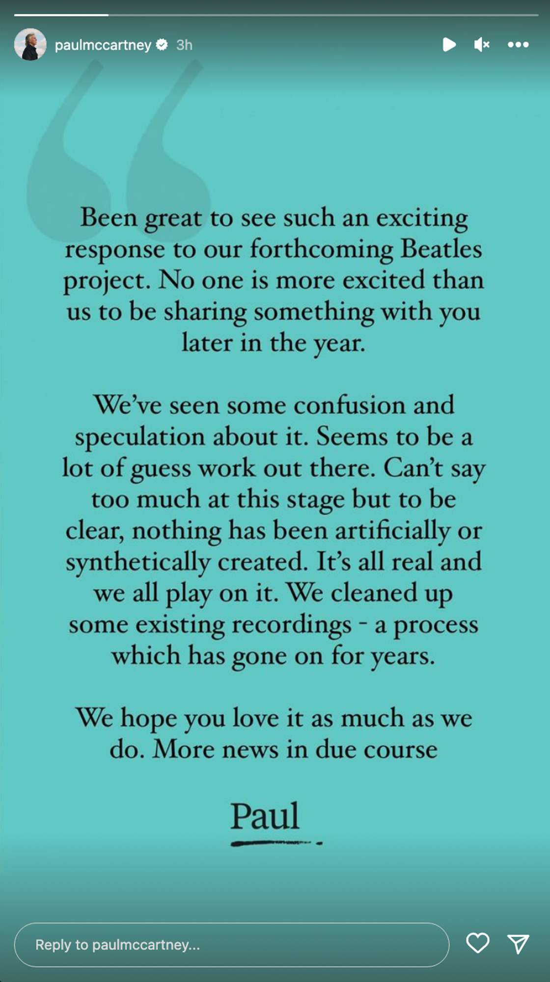 Paul McCartney's Instagram Story about the new Beatles song