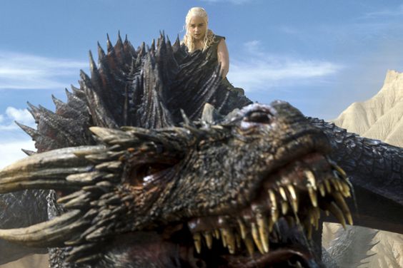 Emilia Clarke as Daenerys Targaryen with her dragon on Game of Thrones