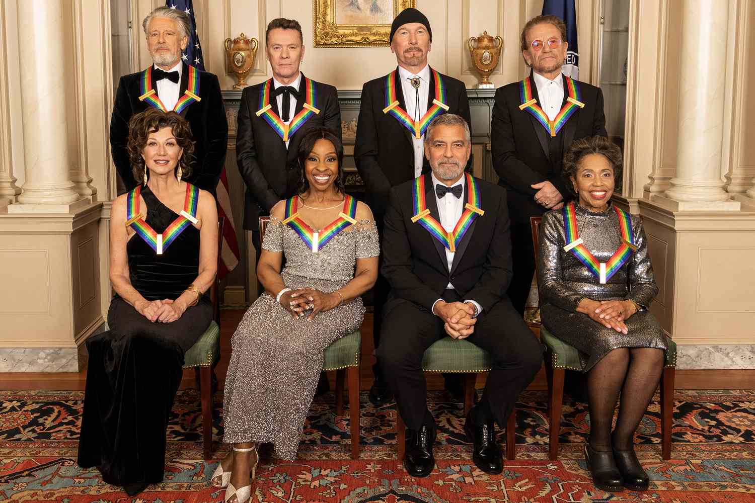 WASHINGTON, D.C. - DECEMBER 3: Pictured (L-R top row): U2 members Adam Clayton, Larry Mullen Jr., The Edge, and Bono. Pictured (L-R bottom row) Amy Grant, Gladys Knight, George Clooney, and Tania León were recognized for their achievements in the performing arts during THE 45TH ANNUAL KENNEDY CENTER HONORS, broadcasting on Wednesday, Dec. 28 (8:00-10:00 PM, ET/PT) on the CBS Television Network and stream live and on demand on Paramount+. (Photo by Gail Schulman/CBS via Getty Images)