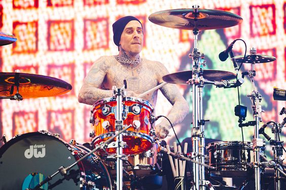 Travis Barker of Blink-182 performs at the Sahara Tent during the 2023 Coachella Valley Music and Arts Festival on April 14, 2023 in Indio, California