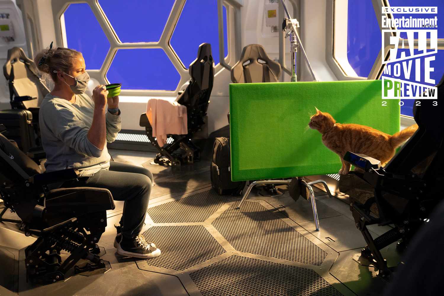 Jo Vaughan and Goose on the set of Marvel Studios' THE MARVELS