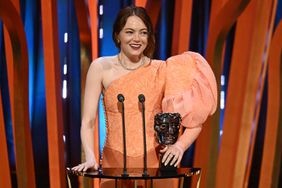 Emma Stone accepts the Leading Actress Award for 'Poor Things' during the 2024 EE BAFTA Film Awards, held at the Royal Festival Hall on February 18, 2024 in London, England