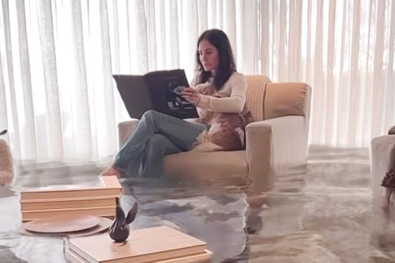 Courteney Cox in her home surrounded by a cgi flood in instagram video