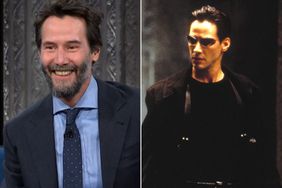 Split photo of Keanu Reeves on The Late show and in The Matrix