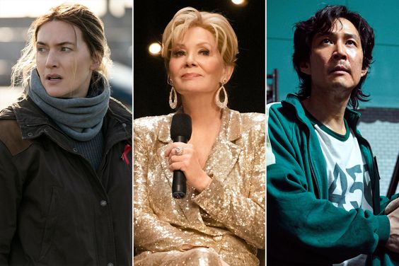 Kate Winslet mare of easttown; jean smart in Hacks and Lee Jung-jae in Squid Game