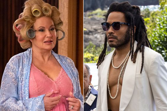 Jennifer Coolidge as Carol Fowler in Shotgun Wedding; Lenny Kravitz as Sean Hawkins in Shotgun Wedding