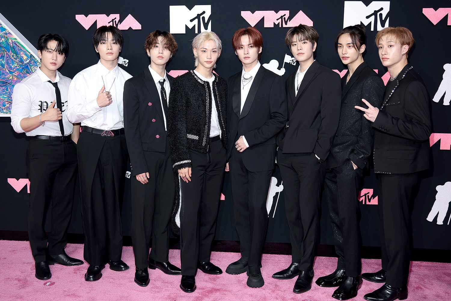 Changbin, I.N, Han, Felix, Lee Know, Seungmin, Hyunjin and Bang Chan of Stray Kids attend the 2023 MTV Video Music Awards at the Prudential Center on September 12, 2023 in Newark, New Jersey.