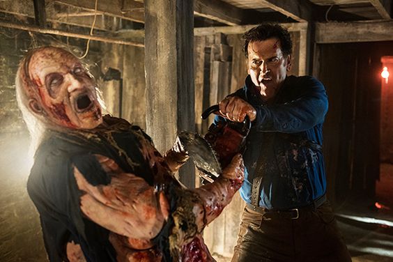 Clone of All Crops: Ash vs Evil Dead Season 2 Deadite Henrietta Knowby Creature (Ted Raimi); Ash Williams (Bruce Campbell)