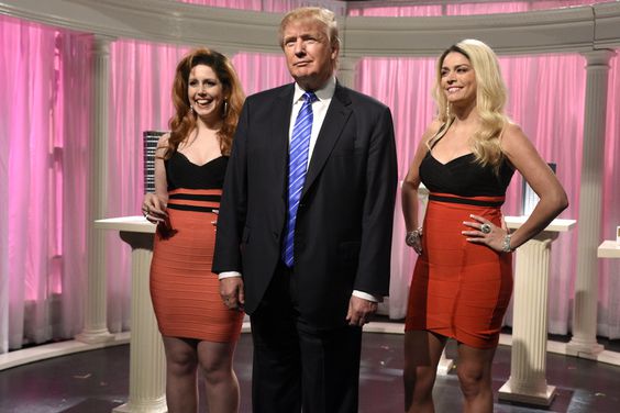 Vanessa Bayer, Donald Trump, and Cecily Strong during the "Porn Stars" sketch on SNL