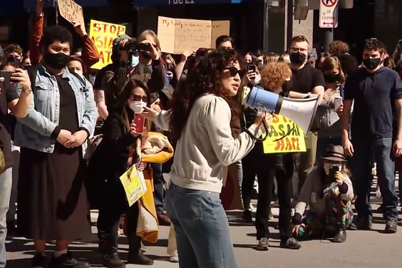 Sandra Oh speaks at a "Stop Asian Hate" rally