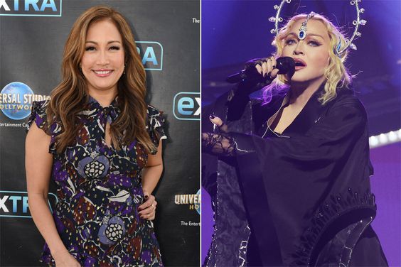Carrie Ann Inaba visits "Extra" at Universal Studios Hollywood on May 03, 2019 in Universal City, California. , Madonna performs during opening night of The Celebration Tour at The O2 Arena on October 14, 2023 in London, England.