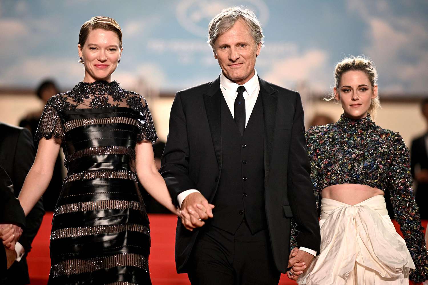 Cannes Film Festival 2022 Lea Seydoux, US actor Viggo Mortensen and US actress Kristen Stewart leave the Festival Palace after the screening of the film "Crimes Of the Future" during the 75th edition of the Cannes Film Festival in Cannes, southern France, on May 23, 2022.