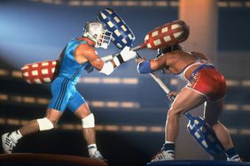 UNITED STATES - JUNE 22: Television: American Gladiators, Miscellaneous contenders in action during joust event of show, Los Angeles, CA 6/22/1991 