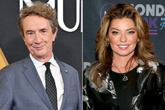 Martin Short attends the Los Angeles Premiere of "Only Murders In The Building" Season 2 at DGA Theater Complex on June 27, 2022 in Los Angeles, California.; Shania Twain attends the eighth anniversary celebration of Mondays Dark at The Theater at Virgin Hotels Las Vegas on December 13, 2021 in Las Vegas, Nevada.