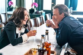 LATE NIGHT WITH SETH MEYERS -- Episode 1529 -- Pictured: (l-r) Actress Julia Louis-Dreyfus and host Seth Meyers during "Day Drinking" on June 3, 2024