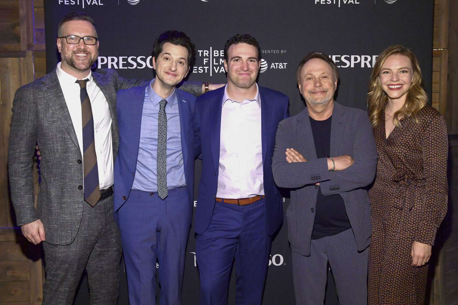 NEW YORK, NEW YORK - APRIL 25: (L-R) Writer Peter Hoare, Ben Schwartz, director Matt Ratner, Billy Crystal and Eloise Mumford attend the Tribeca Film Festival After-Party For Standing Up, Falling Down Hosted By Nespresso at Ainsworth Chelsea on April 25, 2019 in New York City. (Photo by Ben Gabbe/Getty Images for 2019 Tribeca Film Festival)