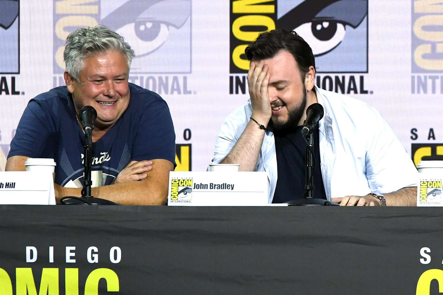 SAN DIEGO, CALIFORNIA - JULY 19: (L-R) Conleth Hill, John Bradley, Maisie Williams, and Jacob Anderson speak at the "Game Of Thrones" Panel And Q&A during 2019 Comic-Con International at San Diego Convention Center on July 19, 2019 in San Diego, California. (Photo by Kevin Winter/Getty Images)