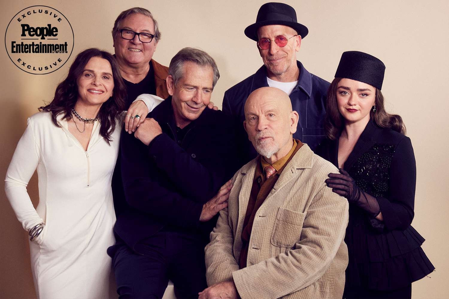 Juliette Binoche, Lorenzo di Bonaventura, Ben Mendelsohn, John Malkovich, Todd A. Kessler and Maisie Williams of Ã¢ÂÂThe New LookÃ¢ÂÂ pose for a portrait during the 2024 Television Critics Association Winter Press Tour at The Langham