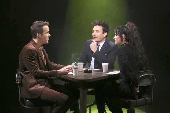 Ryan Reynolds, host Jimmy Fallon, and singer Camila Cabello during "True Confessions"