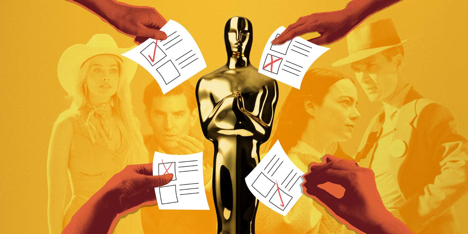 Collage of Academy Award Oscar statuette surrounded by hands handing in voting ballots on a background of Margot Robbie in Barbie, Bradley Cooper in Maestro, Emma Stone in Poor Things, and Cillian Murphy in Oppenheimer