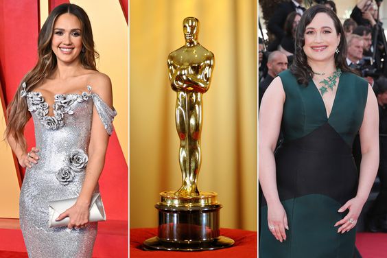 Split image of Jessica Alba, the academy award statue and Lily Gladstone 