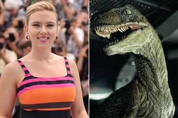 Scarlett Johansson and a velociraptor from Jurassic Park