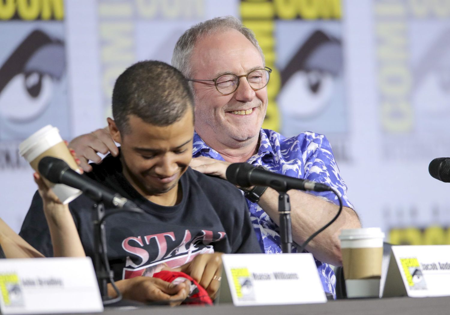 Mandatory Credit: Photo by Chelsea Lauren/Variety/Shutterstock (10341166as) Jacob Anderson and Liam Cunningham 'Game of Thrones' TV show panel, Comic-Con International, San Diego, USA - 19 Jul 2019