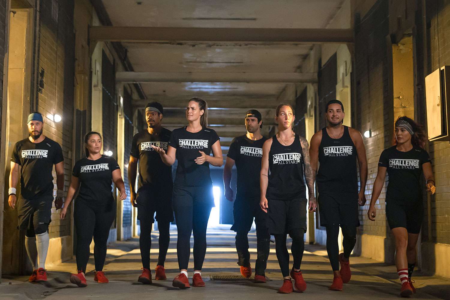 L-R Steve Meinke, Veronica Portillo, Leroy Garrett, Laurel Stucky, Ace Amerson, Nicole Zanatta, Derek Chavez and Cara Maria Portillo in The Challenge: All Stars, episode 12, season 4 streaming on Paramount+, 2024.