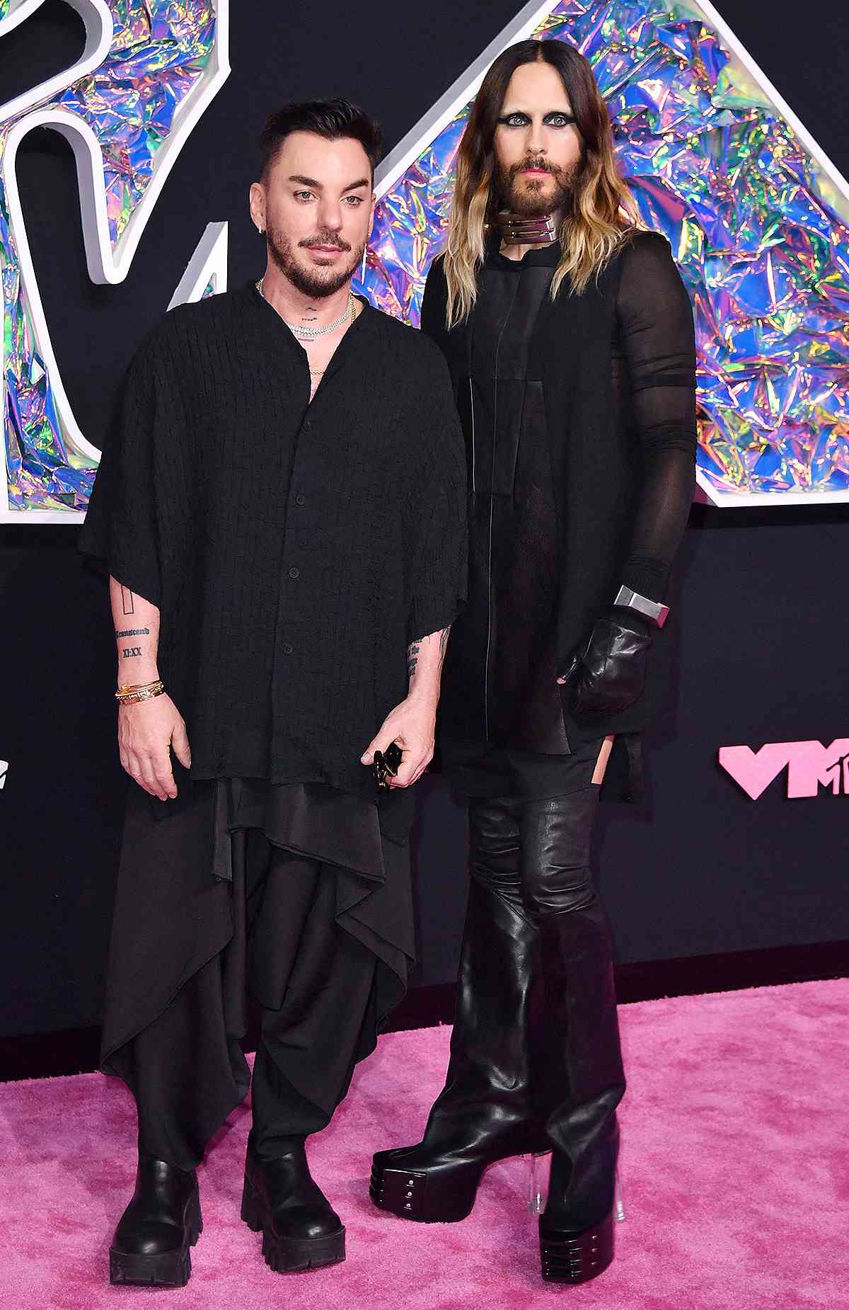 Jared Leto (R) and US drummer Shannon Leto arrive for the MTV Video Music Awards at the Prudential Center in Newark, New Jersey, on September 12, 2023.