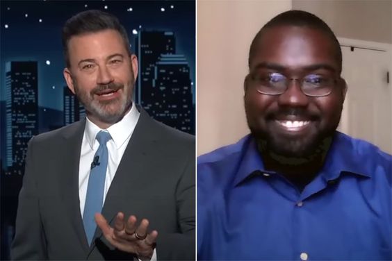 Jimmy Kimmel talking to the Wheel of Fortune contestant for a story about him giving him a second chance at redeeming himself after his accidental NSFW answer
