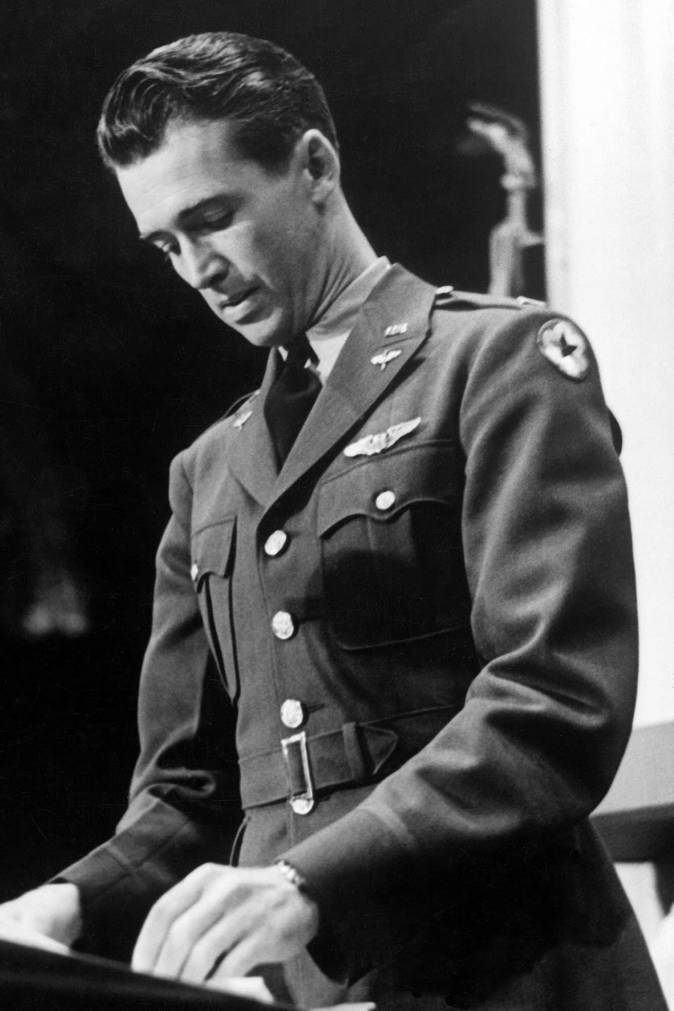 Actor Jimmy Stewart in US Air Force uniform at pod