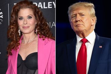 Split image of Debra Messing and Donald Trump