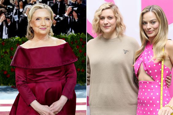 Hillary Clinton attends The 2022 Met Gala Celebrating "In America: An Anthology of Fashion" at The Metropolitan Museum of Art on May 02, 2022 in New York City., Greta Gerwig and Margot Robbie attend the press junket and photo call for "Barbie" at Four Seasons Hotel Los Angeles at Beverly Hills on June 25, 2023 in Los Angeles, California. 