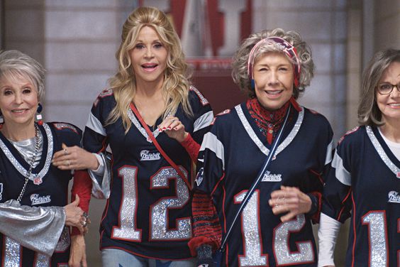 Rita Moreno plays Maura, Jane Fonda plays Trish, Lily Tomlin plays Lou and Sally Field plays Betty in 80 For Brady