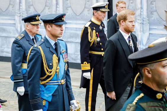 Queen Elizabeth II Funeral Prince Richard, Duke of Gloucester, Prince William, Prince of Wales, Vice Admiral, Sir Timothy Lawrence and Prince Harry, Duke of Sussex