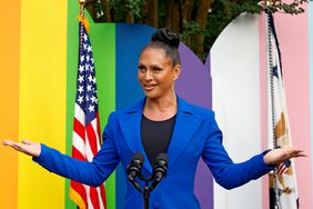 Sasha Colby speaks onstage during a Pride Celebration hosted by the Vice President Of The United States and Mr. Emhoff in collaboration with GLAAD on June 28, 2023 in Washington, DC.