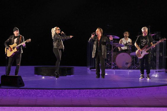 Lady Gaga (2nd L), The Edge, Bono, Bram van den Berg, and Adam Clayton of U2 perform onstage at U2:UV Achtung Baby Live at Sphere on October 25, 2023 in Las Vegas, Nevada