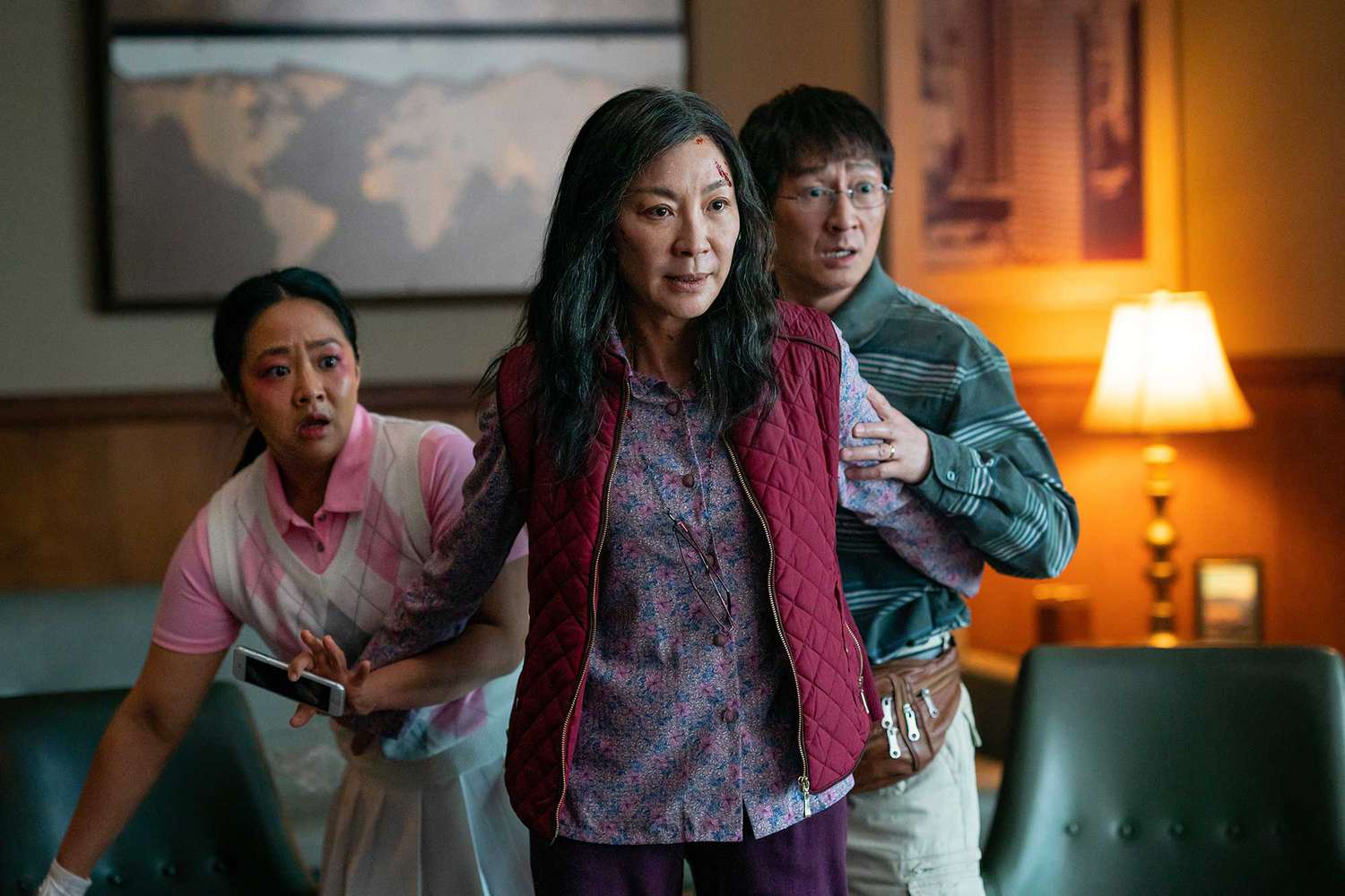 (From left to right) Stephanie Hsu, Michelle Yeoh, and Ke Huy Quan in &#39;Everything Everywhere All at Once&#34;