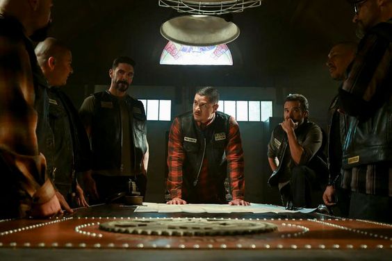 “MAYANS M.C.” -- "I Hear The Train A-Comin" -- Season 5, Episode 1 (Airs May 24) Pictured (L-R): Clayton Cardenas as Angel Reyes, JD Pardo as EZ Reyes, Michael Irby as Obispo "Bishop" Losa, Frankie Loyal as Hank "Tranq" Loza. CR: Prashant Gupta/FX