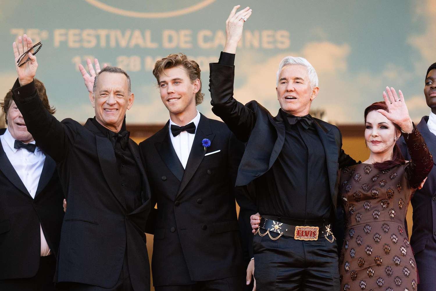 Tom Hanks, Austin Butler, Baz Luhrmann and Priscilla Presley attend the screening of "Elvis" during the 75th annual Cannes film festival at Palais des Festivals on May 25, 2022 in Cannes, France.