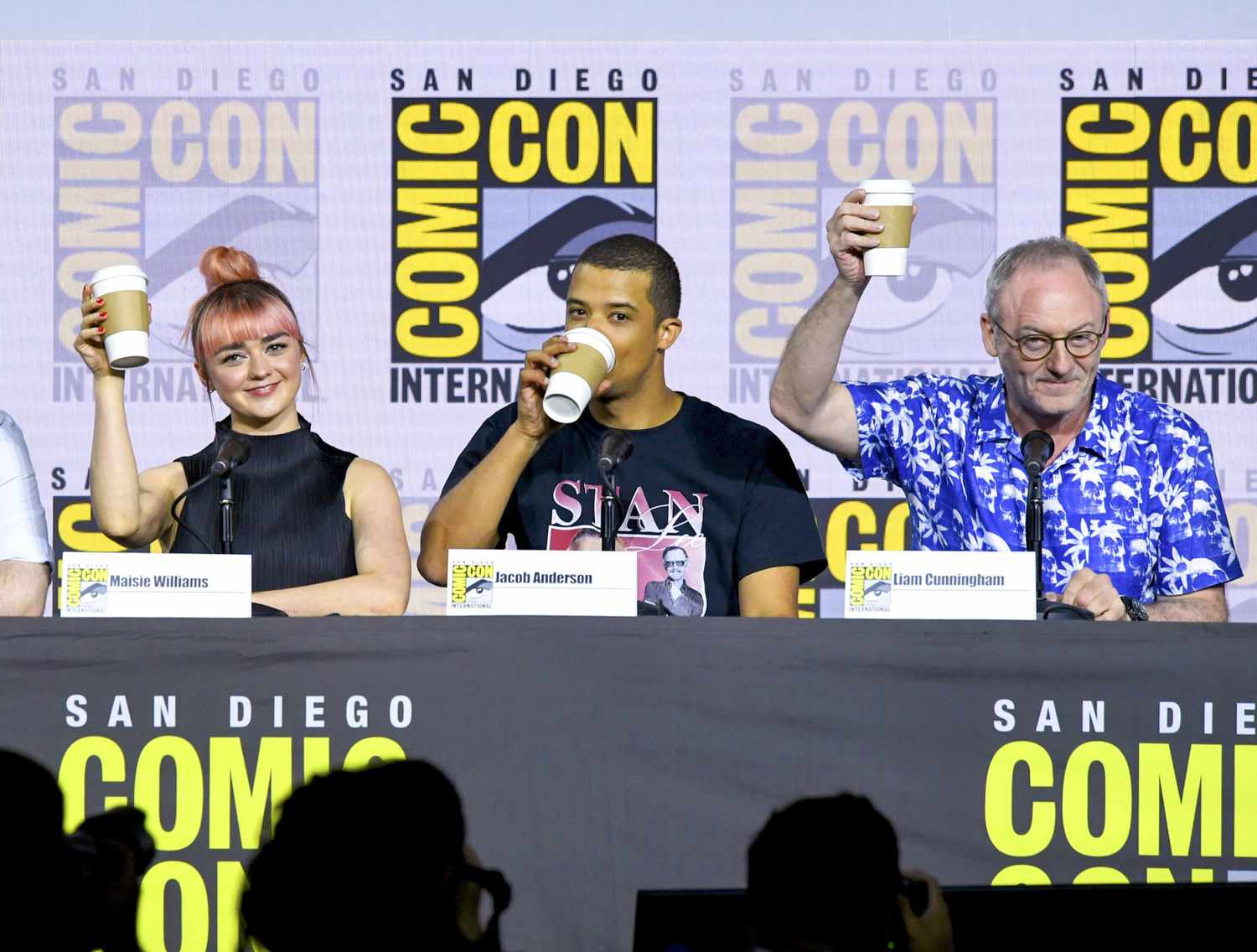 SAN DIEGO, CALIFORNIA - JULY 19: (L-R) Maisie Williams, Jacob Anderson, and Liam Cunningham speak at the "Game Of Thrones" Panel And Q&A during 2019 Comic-Con International at San Diego Convention Center on July 19, 2019 in San Diego, California. (Photo by Kevin Winter/Getty Images)