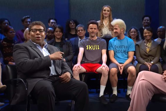 SATURDAY NIGHT LIVE -- Episode 1861 -- Pictured: (l-r) Kenan Thompson as Professor Norman Hemming, Mikey Day as Dean, and host Ryan Gosling as Jeff during the "Beavis and Butt-Head" sketch on Saturday, April 13, 2024 