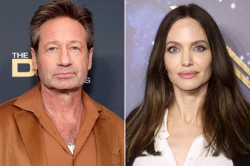 David Duchovny attends the 76th Directors Guild Of America Awards at The Beverly Hilton on February 10, 2024 in Beverly Hills, California; Angelina Jolie attends the "Eternals" UK Premiere at BFI IMAX Waterloo on October 27, 2021 in London, England. 