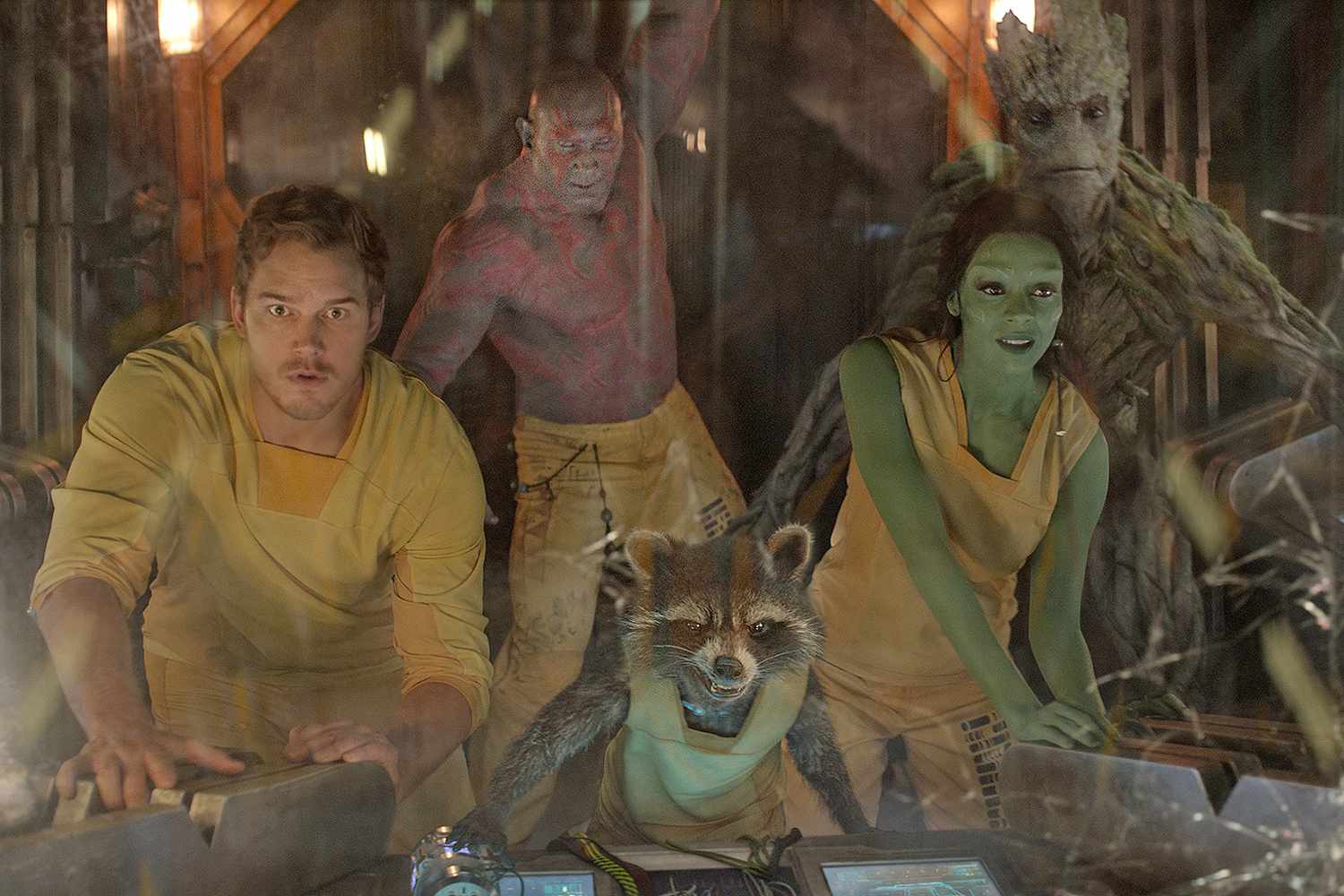 GUARDIANS OF THE GALAXY, from left: Chris Pratt, Dave Bautista, Rocket (voice: Bradley Cooper), Zoe Saldana, Groot (voice: Vin Diesel), 2014.