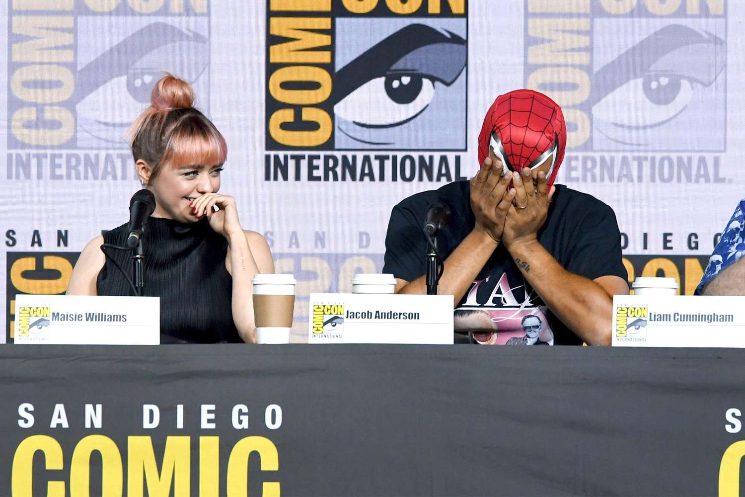 SAN DIEGO, CALIFORNIA - JULY 19: (L-R) Maisie Williams and Jacob Anderson speak at the "Game Of Thrones" Panel And Q&A during 2019 Comic-Con International at San Diego Convention Center on July 19, 2019 in San Diego, California. (Photo by Kevin Winter/Getty Images)