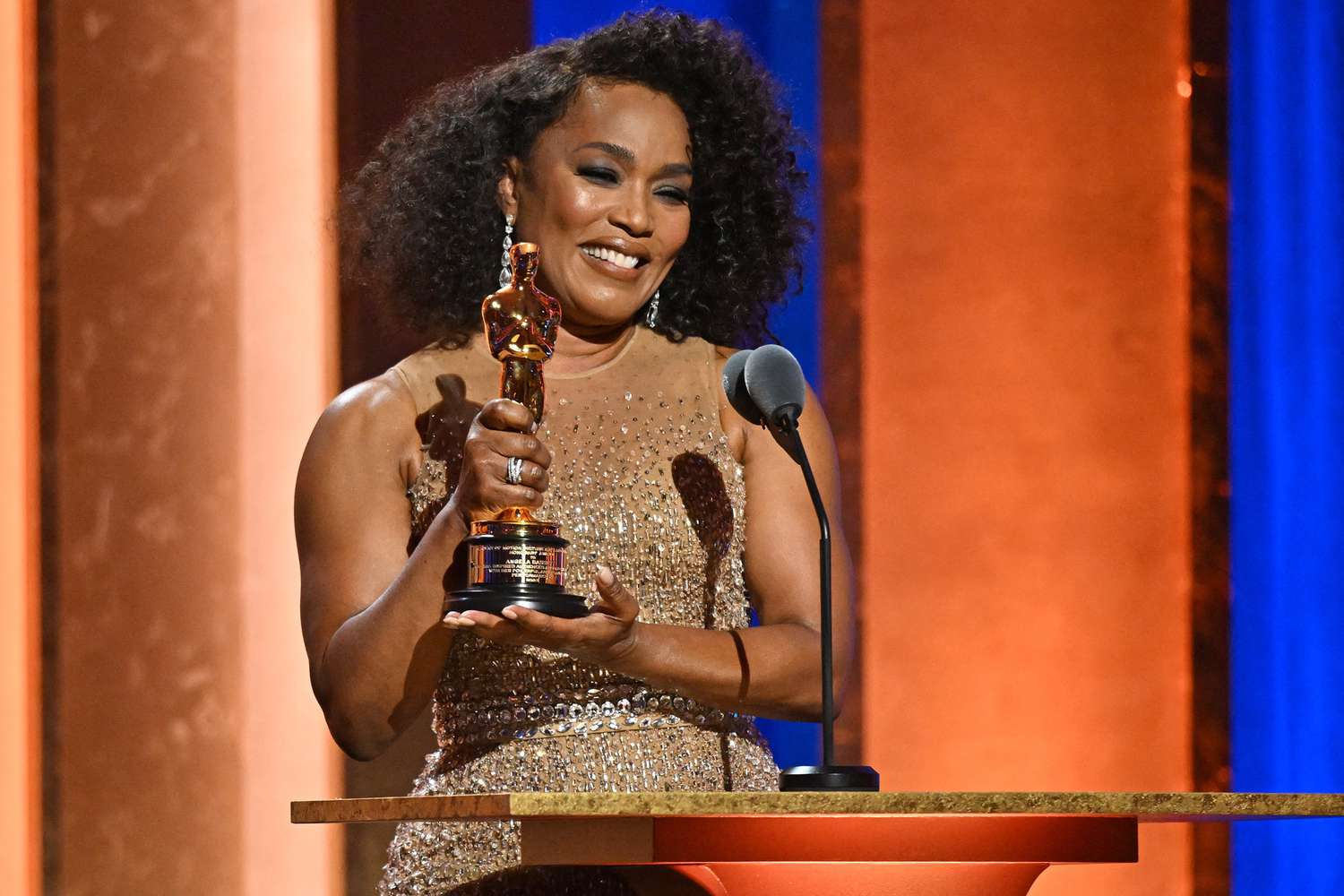 US actress Angela Bassett accepts the Academy Honorary Award during the Academy of Motion Picture Arts and Sciences' 14th Annual Governors Awards at the Ray Dolby Ballroom in Los Angeles on January 9, 2024.