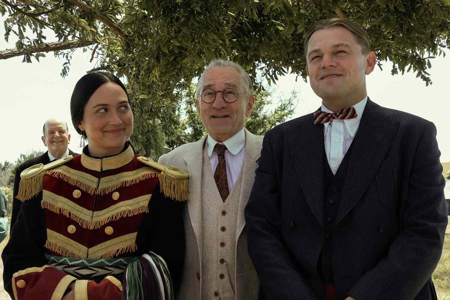 Lily Gladstone, Robert De Niro and Leonardo DiCaprio in “Killers of the Flower Moon”