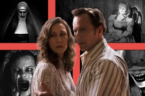 Vera Farmiga and Patrick Wilson as Ed and Lorraine Warren in The Conjuring, surrounded by Annabelle the doll, The Nun, the Crooked Man in The Conjuring 2, La Llorona