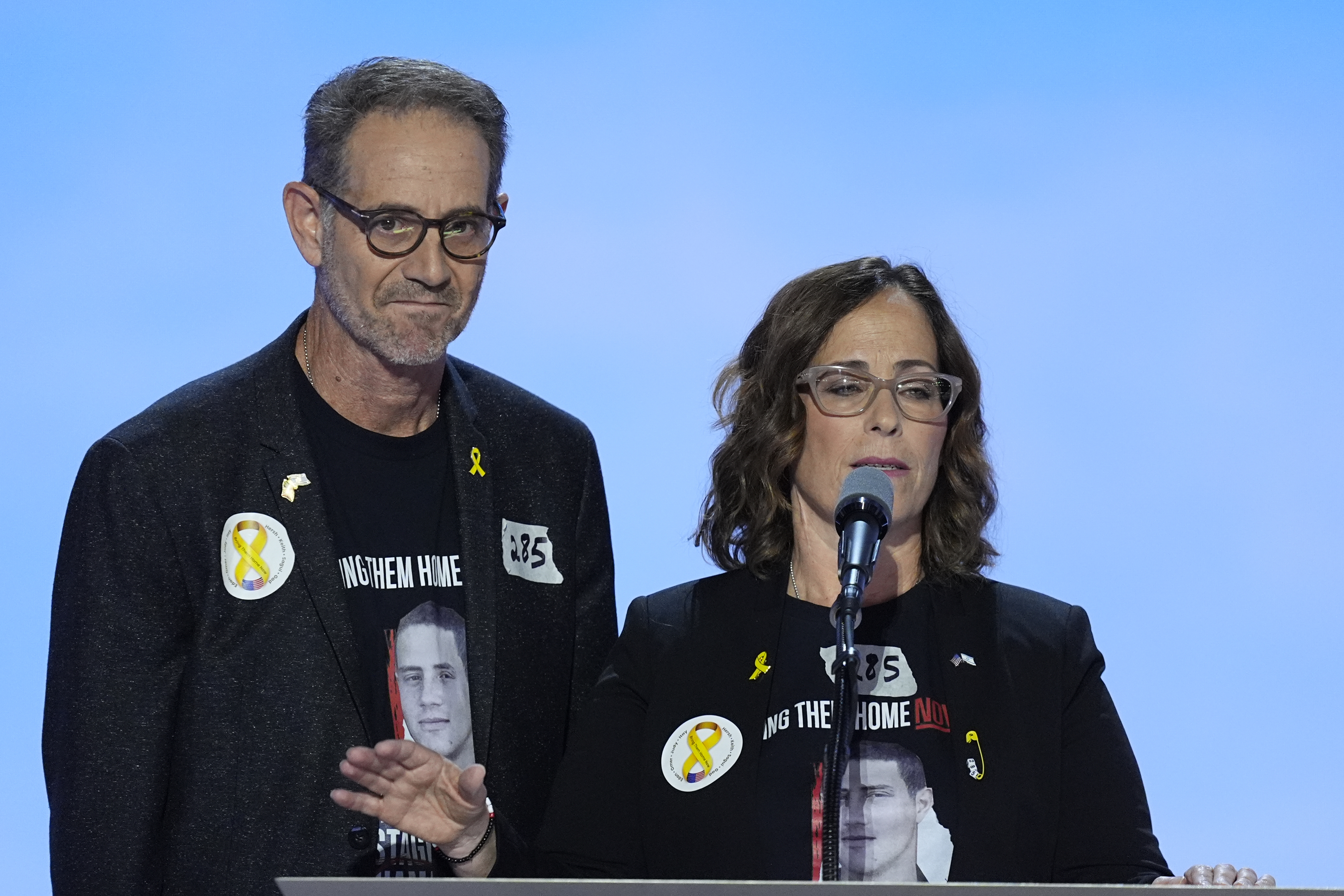 Orna Neutra, right, and her husband Ronen Neutra, left, of Long Island, N.Y., during the Republican National Convention